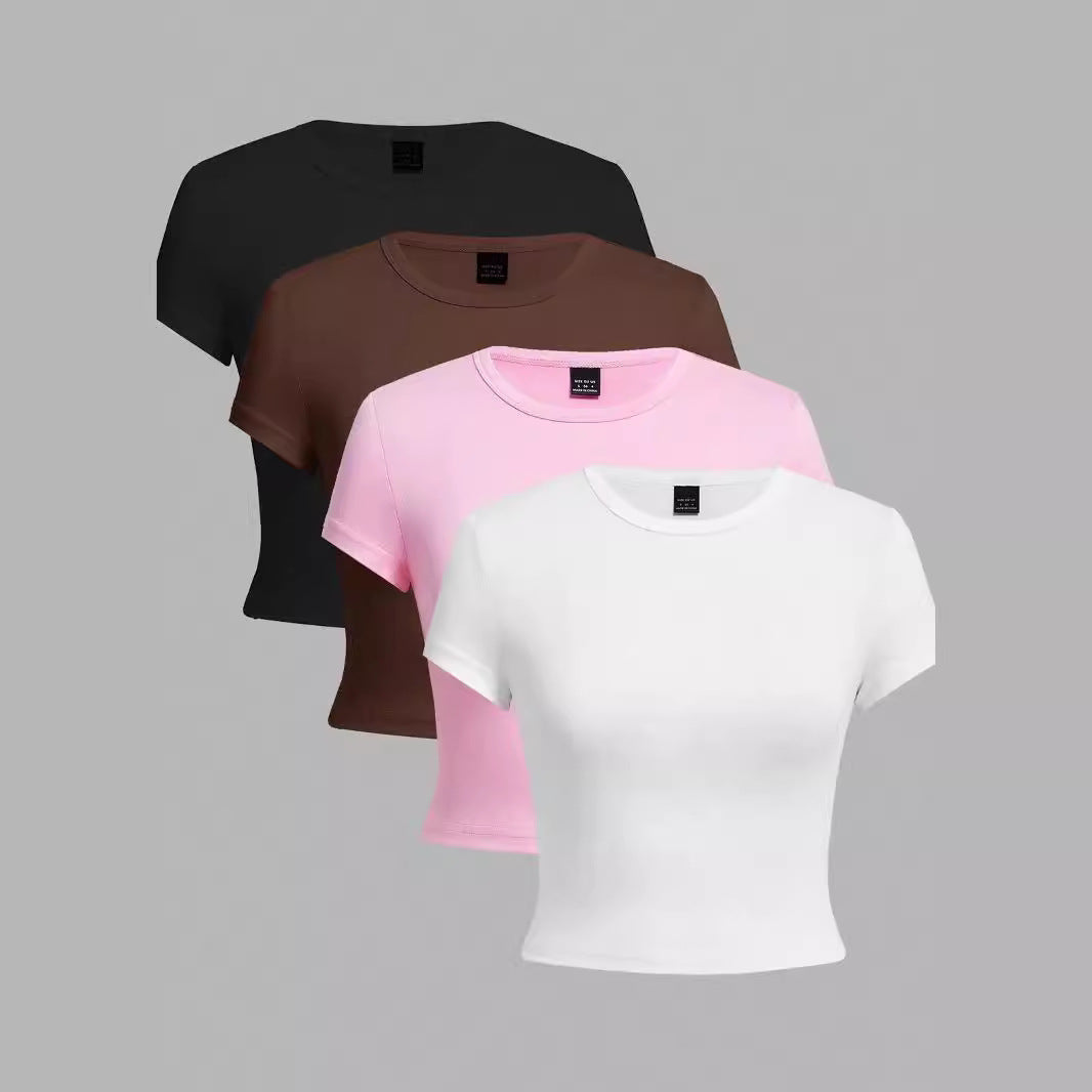 Short Form-fitting Crew-neck Topsexy And Casual
