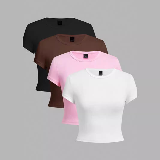 Short Form-fitting Crew-neck Topsexy And Casual