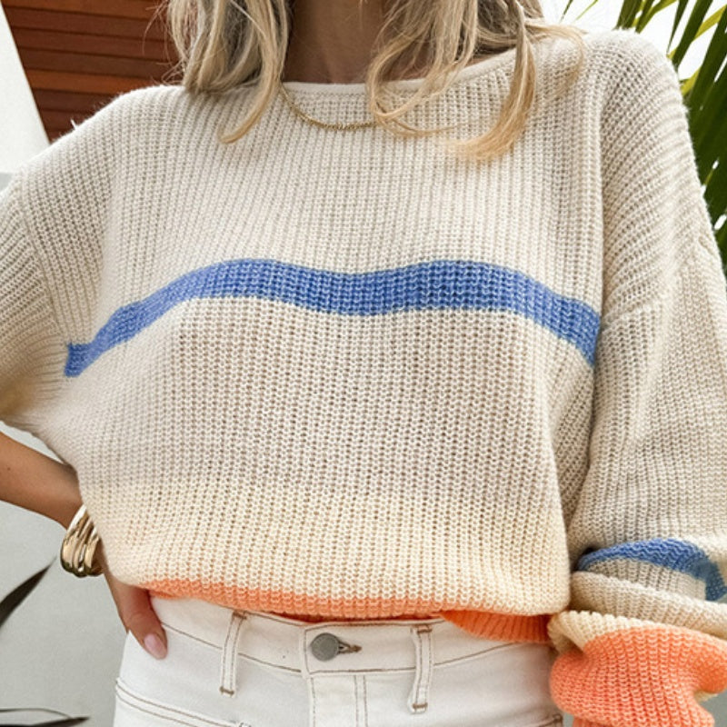 Efterår Ny Rund Hals Løs Fritids All-match Flerfarvet Sweater
