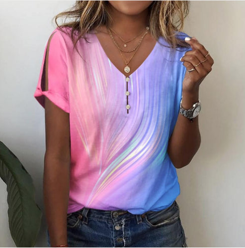 Women's Printed Comfort And Casual V-neck Buttons Short Sleeve