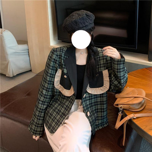 Design Sense Niche Green Plaid Suit Jacket