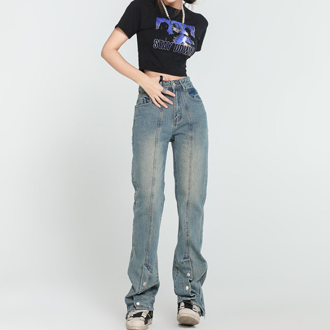 Buckle Straight Personality Foot Mouth Slimming Jeans