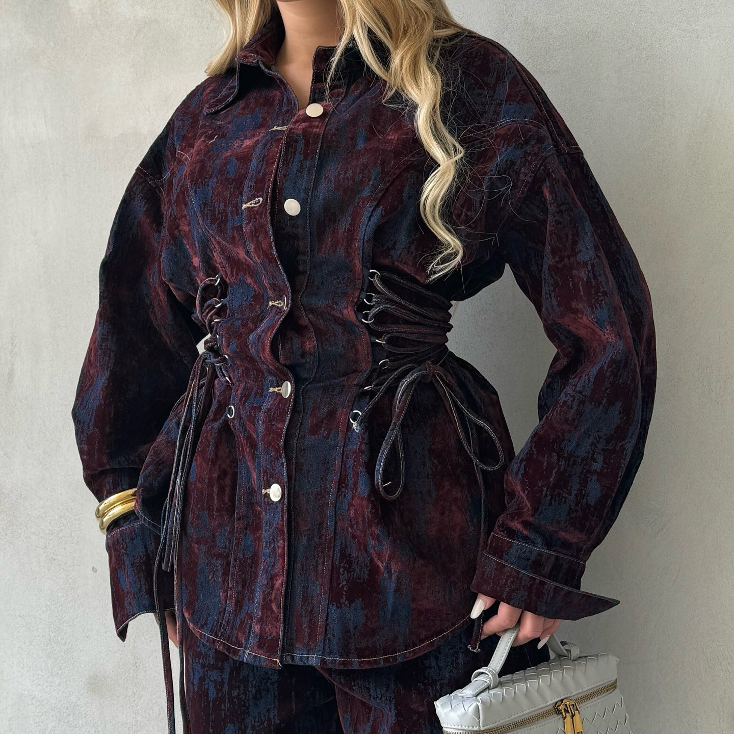 Printed Flocking Contrasting Color Tie-dye Denim Jacket And Pants Set