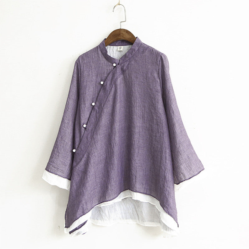 Solid Color Stand Collar Slanted Placket Chinese Style Buttoned Long Sleeves
