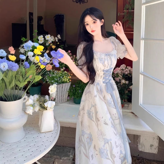 Elegant Floral Lace-Up Waist Dress For Women