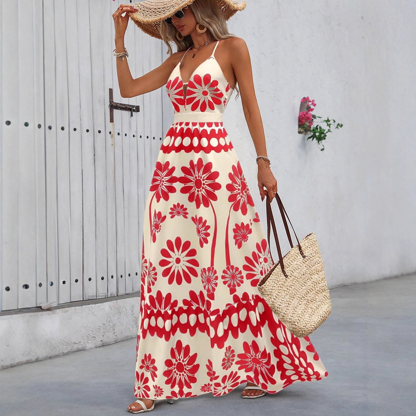 Printed Strap Maxi Dress With A Vacation-ready Open-back Design