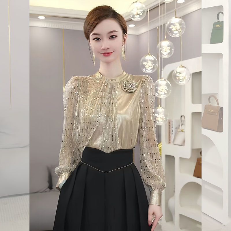 Early Autumn Top New Design Sense Anti-aging Fashion Elegant Champagne White Long Sleeve Shirt