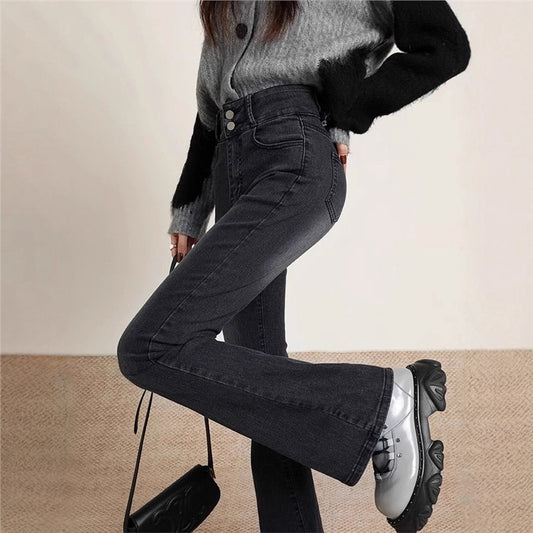 Black-gray Brushed Bootcut Skinny Jeans