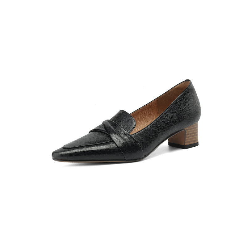 Full-grain Sheepskin Pointed-toe Chunky Heel Shoes Women's Spring New