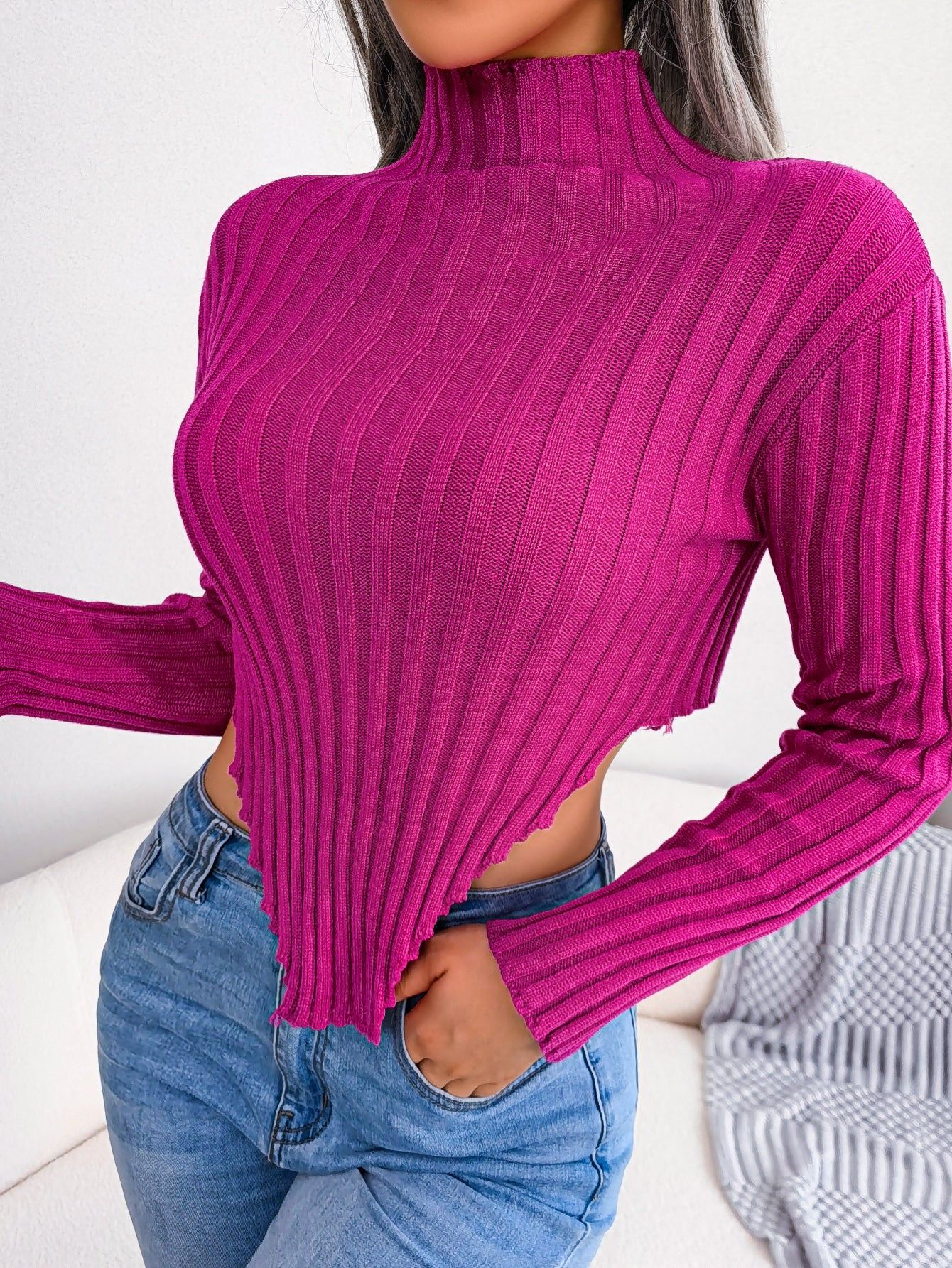 Women Sexy Half Turtleneck Asymmetric Long Sleeve Knit Top