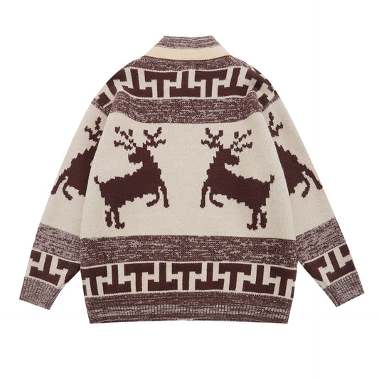 Retro Elg Jacquard Revers Cardigan Sweater