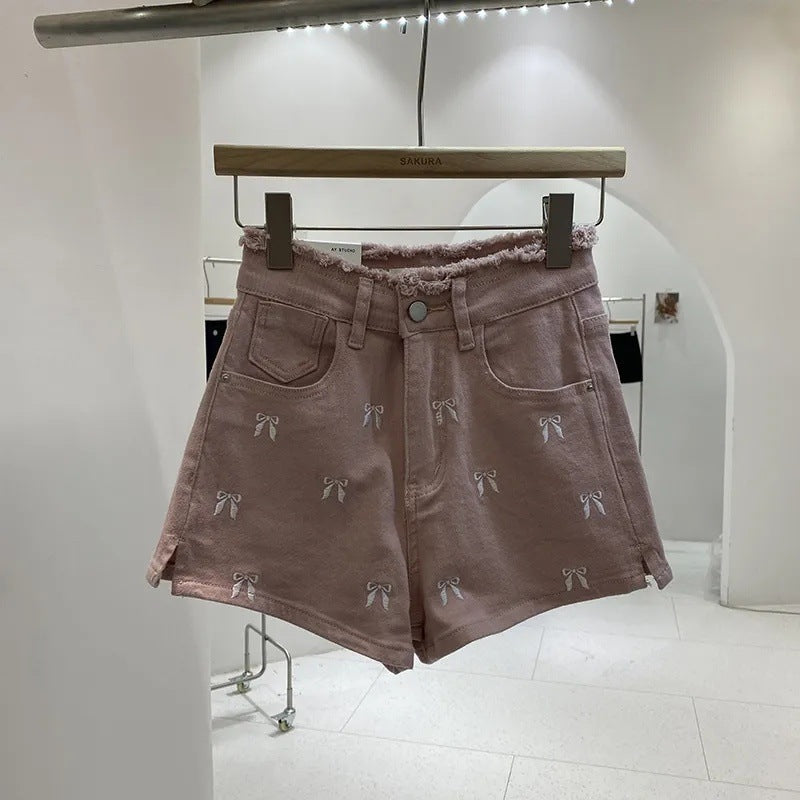 Slim Fit Burrs High Waist Denim Hot Pants Women's Summer Wide Leg Shorts