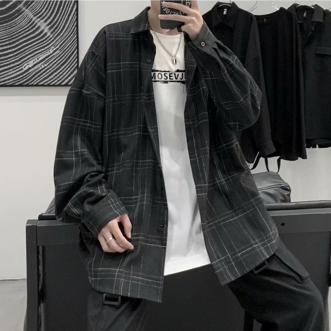 Plaid Shirt Men's Loose Long-sleeved Thin Jacket All-match Japanese Shirt