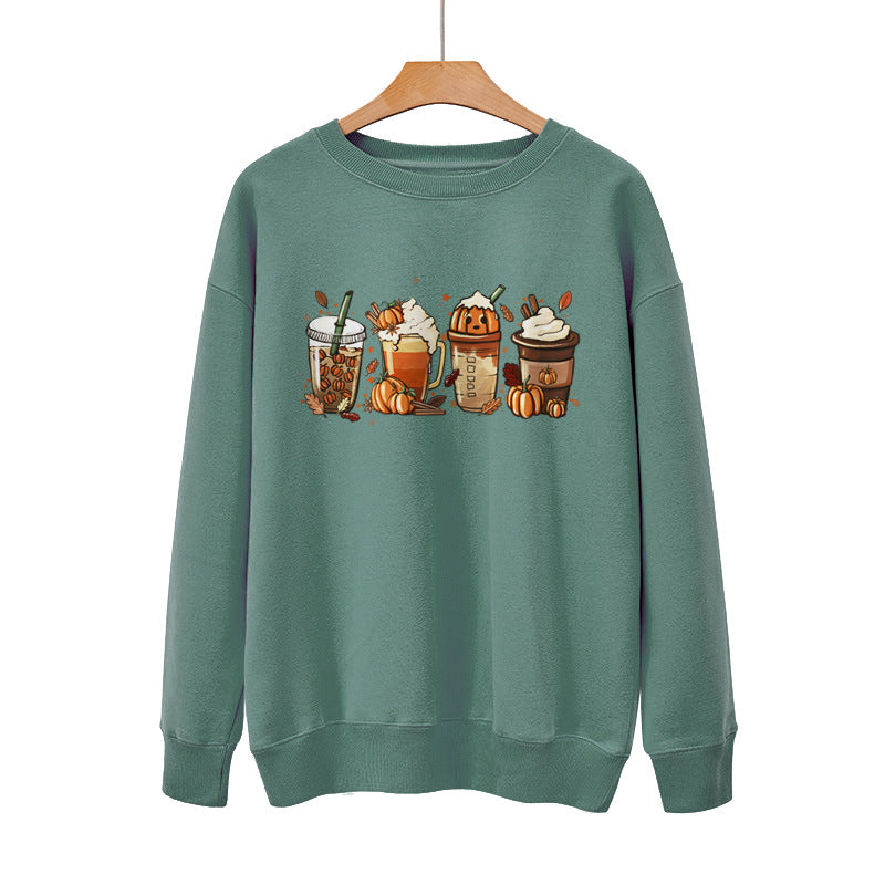 Ny Kaffe Græskar Halloween Gade Forår Efterår Og Vinter Rund Hals Løs Afslappet Pullover