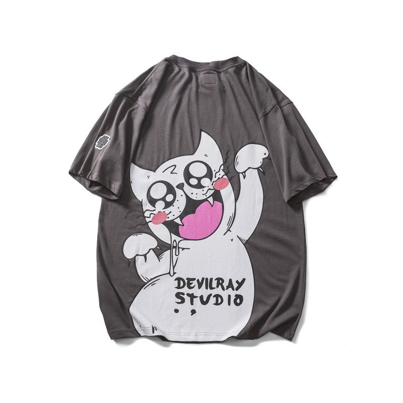 Cartoon Anime Loose Gray Casual Short Sleeves