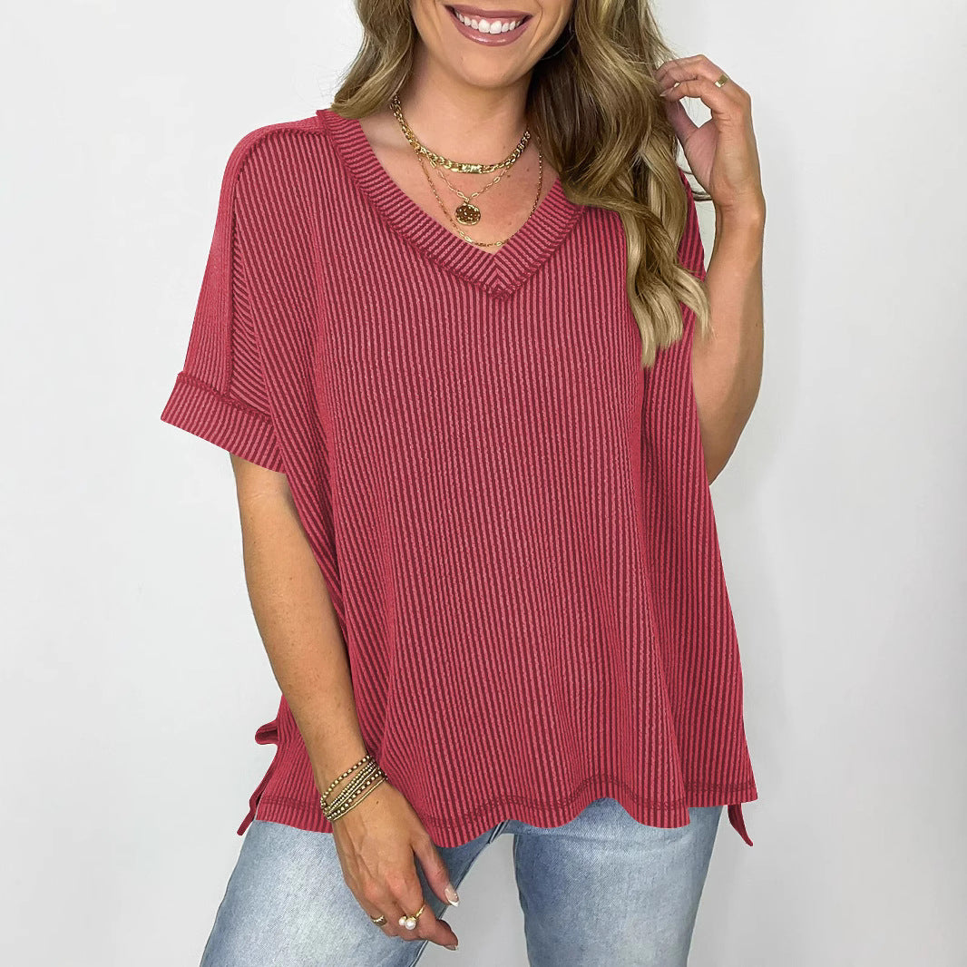 New Twist Strip V-neck Pullover T-shirt