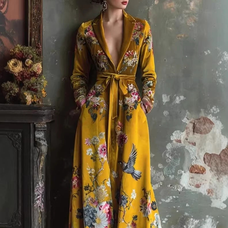 V-neck Long-sleeve Floral Lace-up Maxi Dress