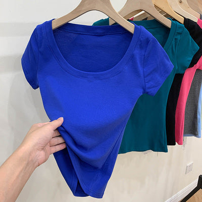 Cotton T-shirt Women's Short Sleeve Low Collar Collarbone