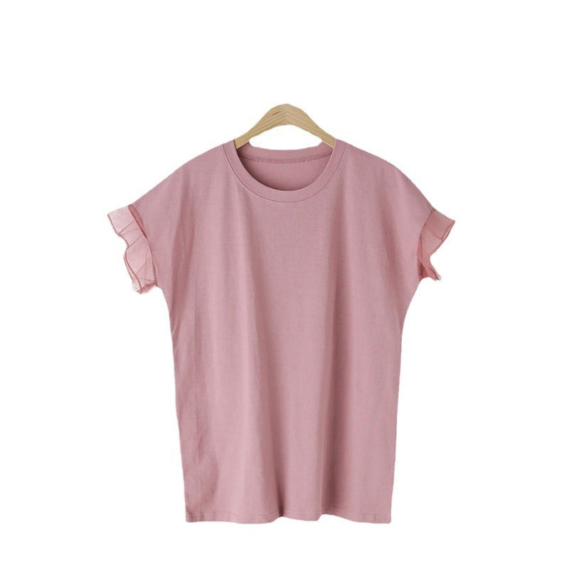 T-shirt til kvinder med rund hals, mesh-flæseærmer og ensfarvet design