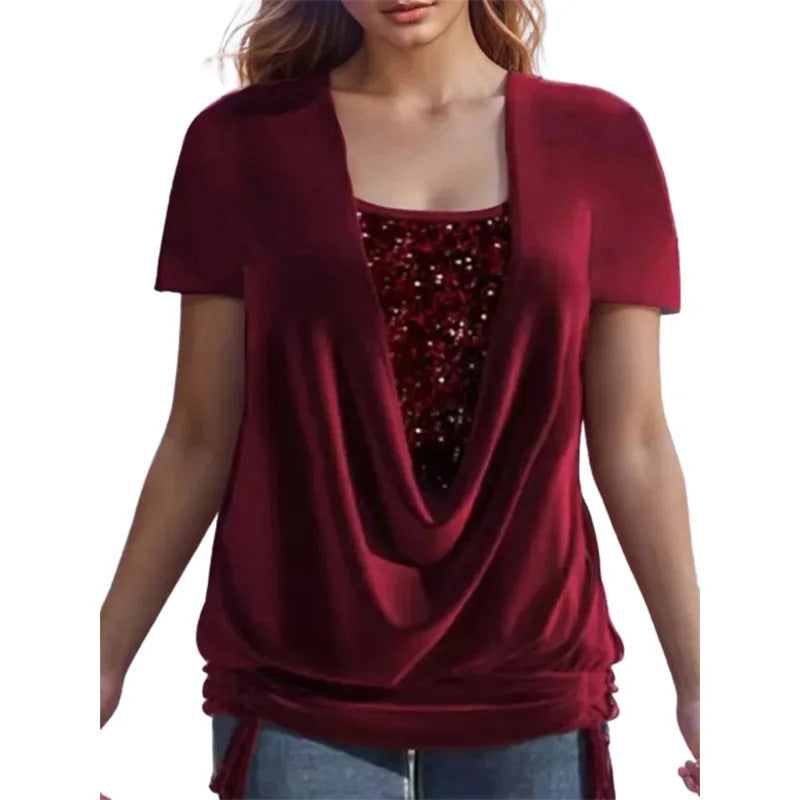 Womens Relaxed-fit Faux Two-piece Set With A Dramatic Draped Neckline And Gathered Details