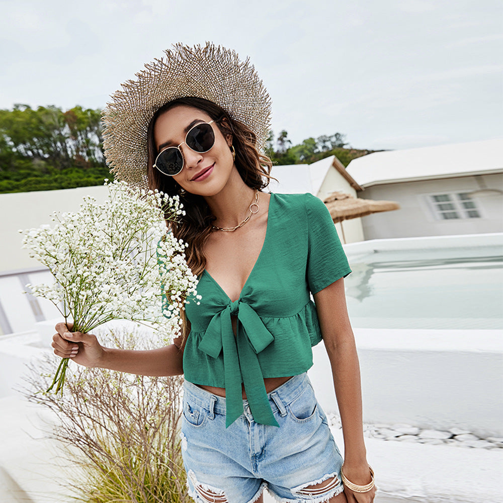 Short Sleeve V Neck Cropped Bow Top