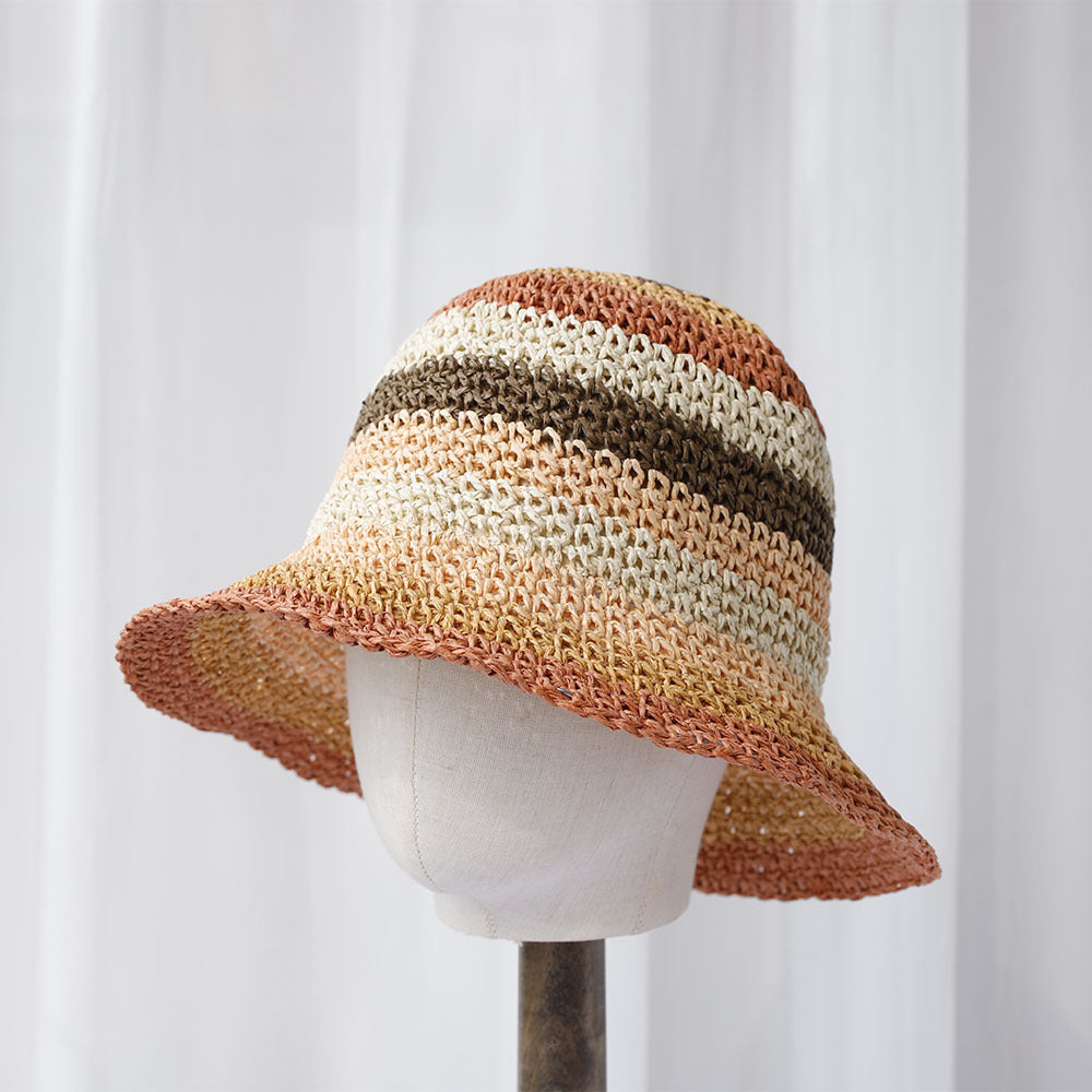 Striped Handmade Crocheted Rainbow Straw Hat For Women Foldable Sun-proof