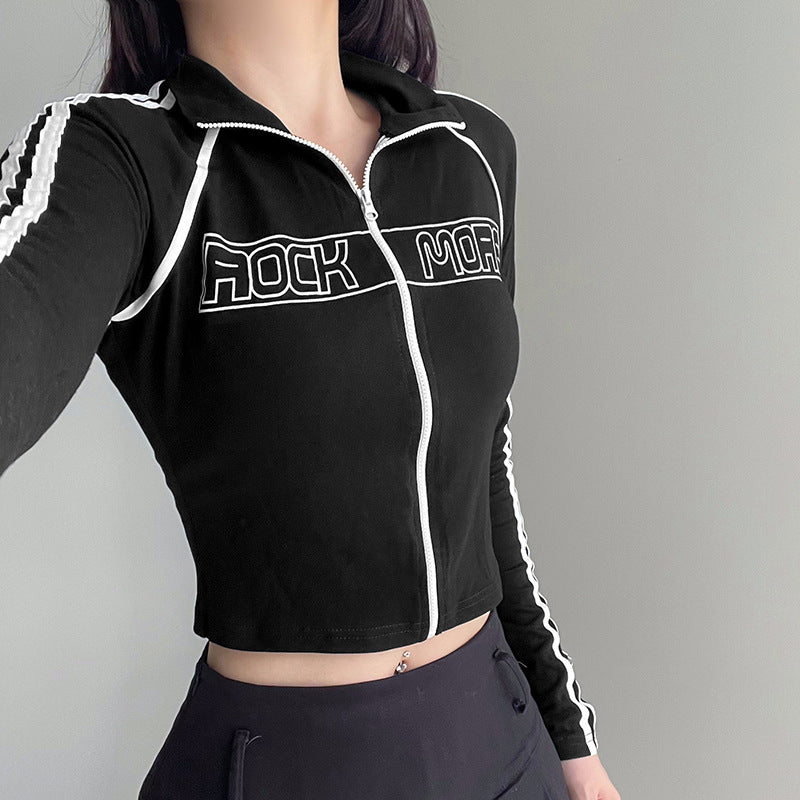 Reverslynlås Kontrastfarvet Fletværk Syning Langærmet Sweater Basic Slim Fit Hot Girl Bogstav Efterår Vinter Jakke