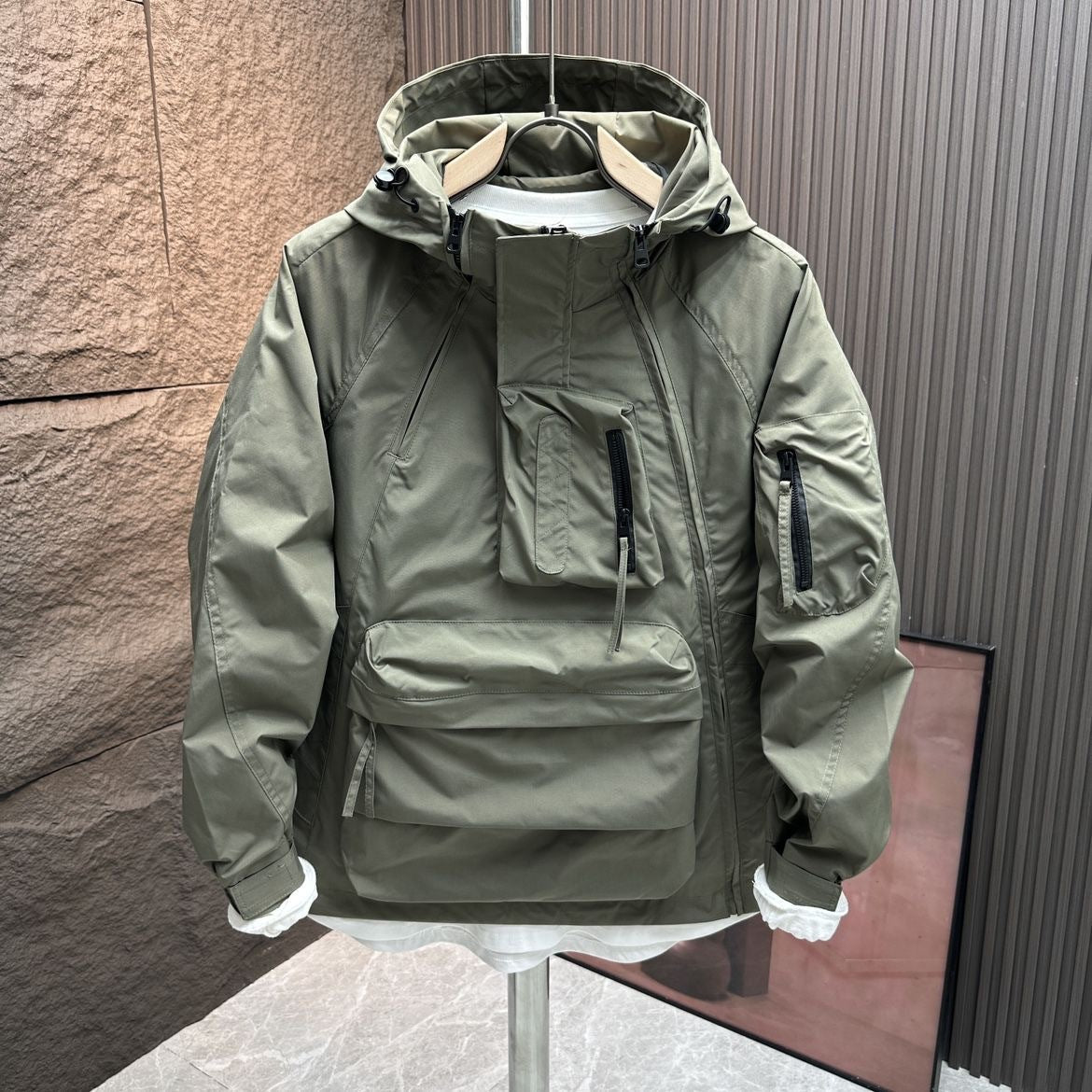 Workwear Hooded Trendy Loose-fit Multi-pocket Zip-up Casual Jacket