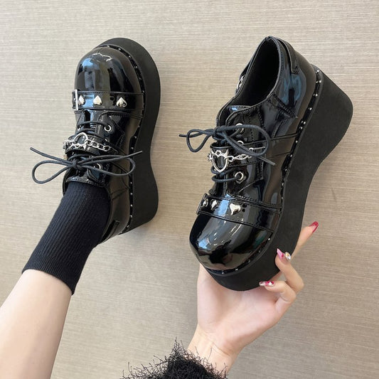 Thick Bottom Increased By Student Chain Mary Jane Shoes Black