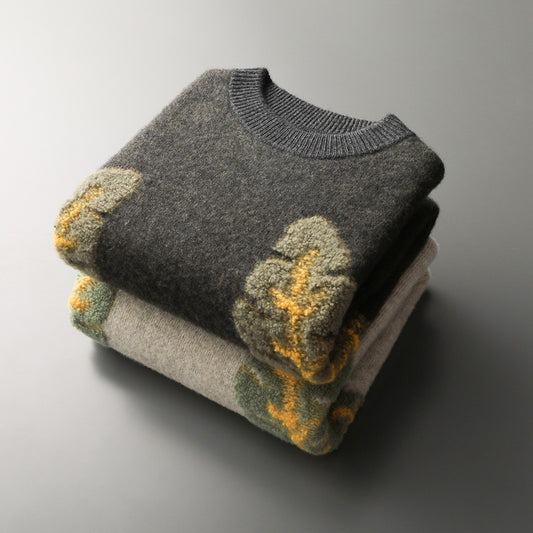 Uldsweater Rund Hals Løs Kontrastfarvet Jacquard til Mænd