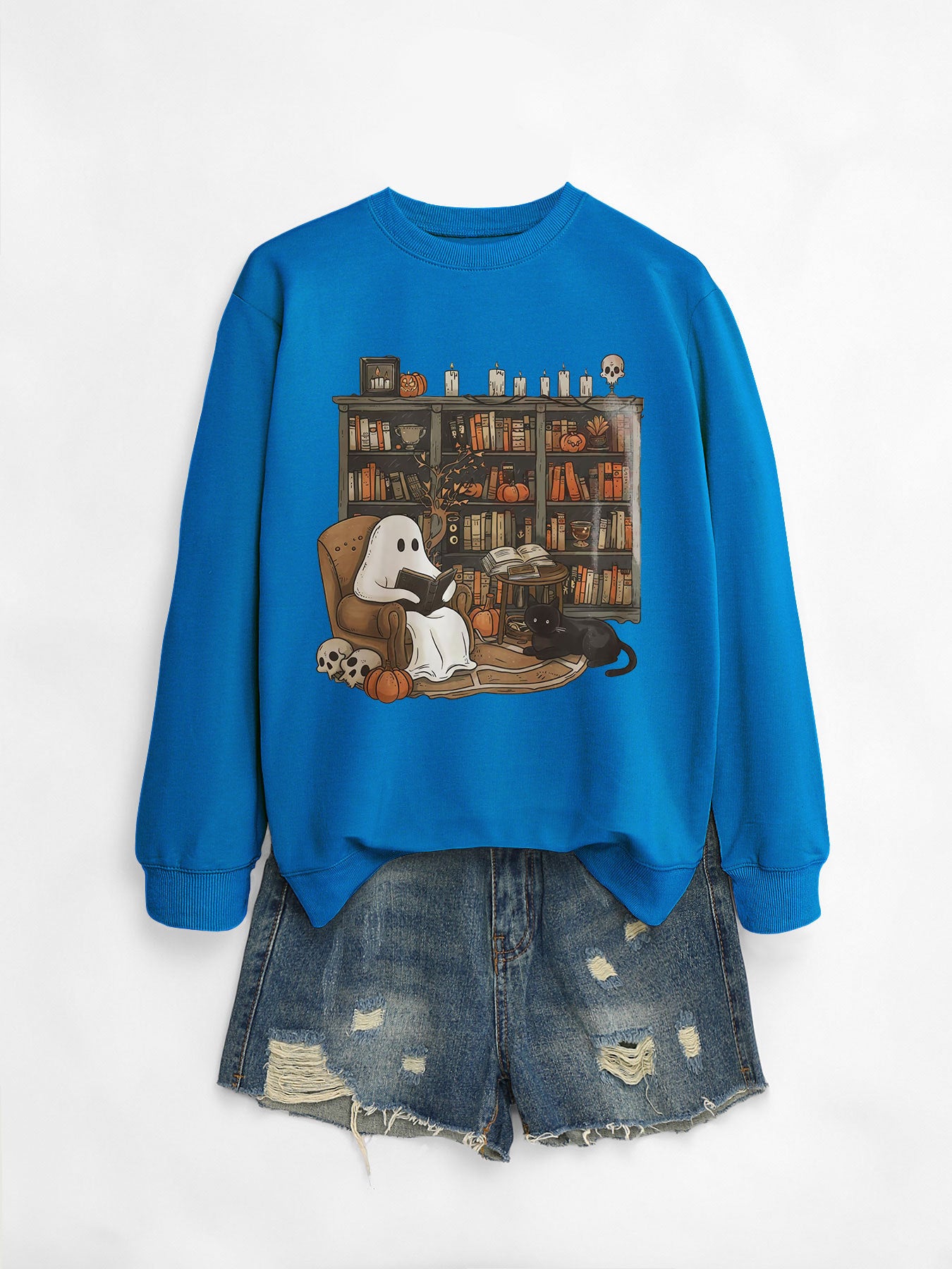 Printed Bookshelf Ghost Black Cat Round Neck Sweater