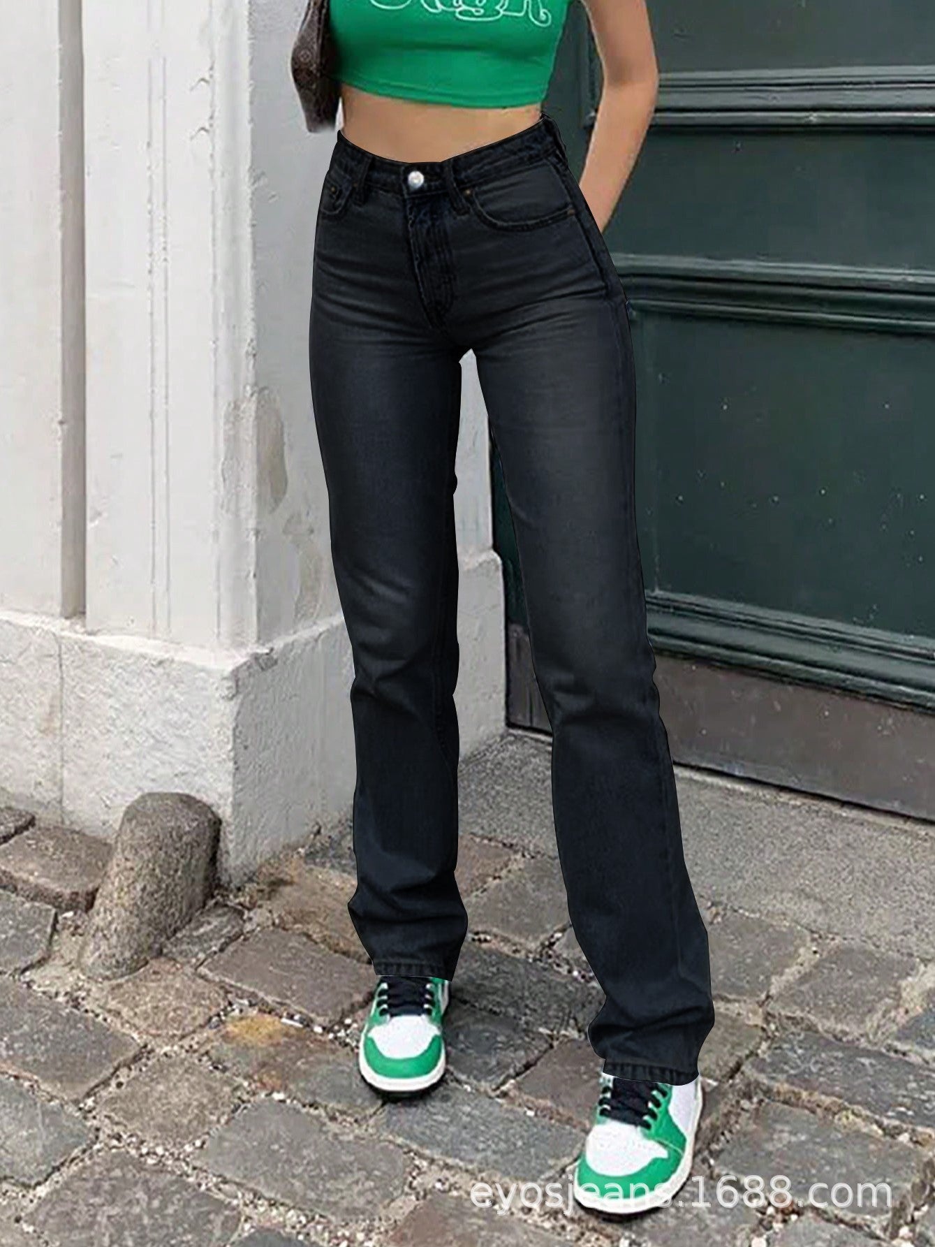 Dame Europa Og Amerika Grænseoverskridende Lyseblå Slim Fit Højtaljede Stretch Jeans