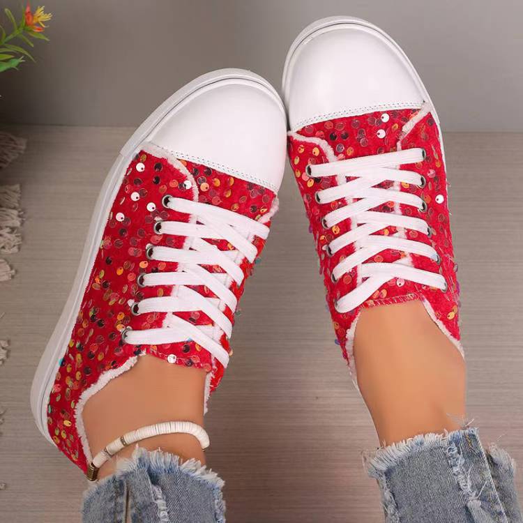 Flade Casual Pumps med Rund Tå, Snørebånd og Pailletter