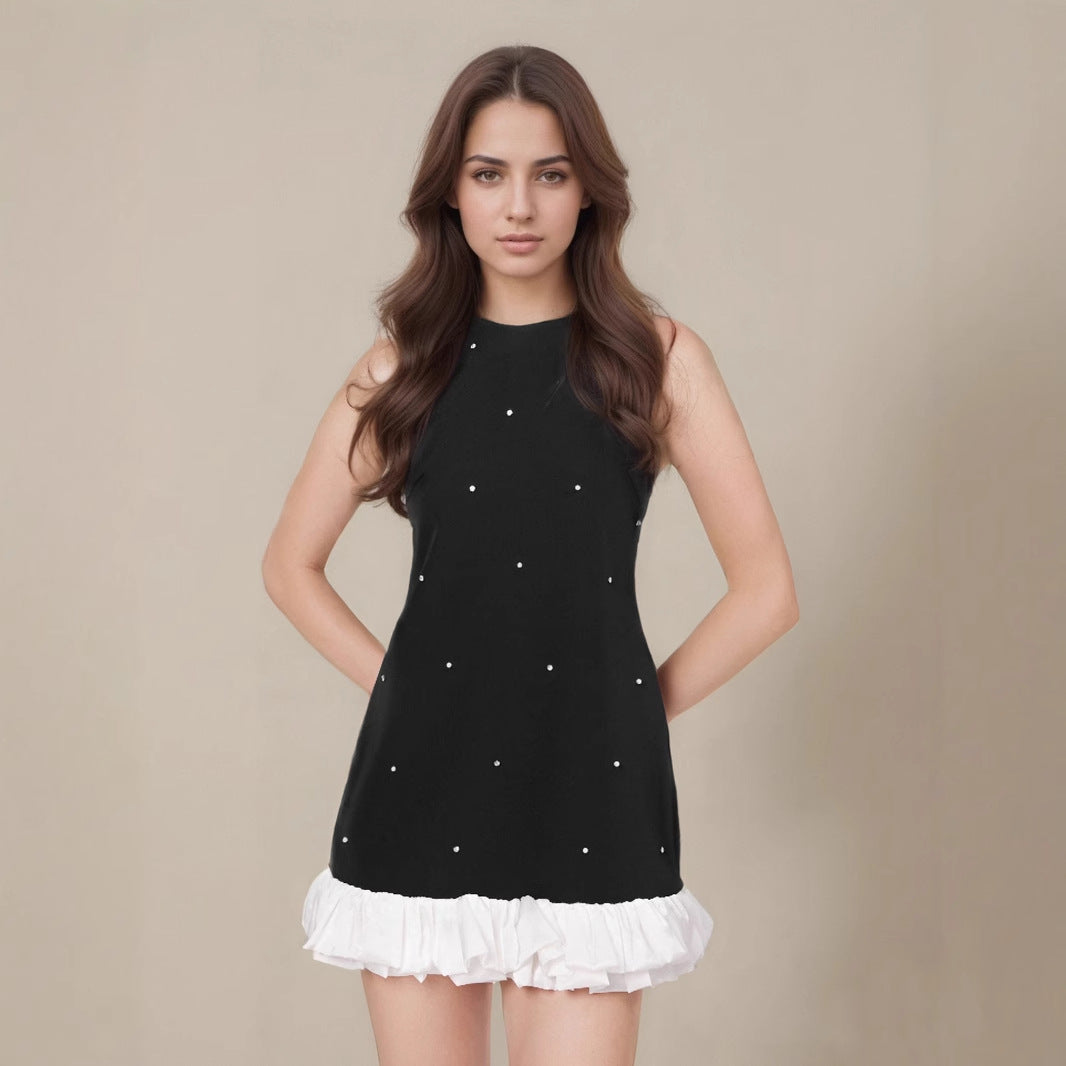 Womens Sleeveless Black Camisole With Starry Print A Line Patchwork Dress