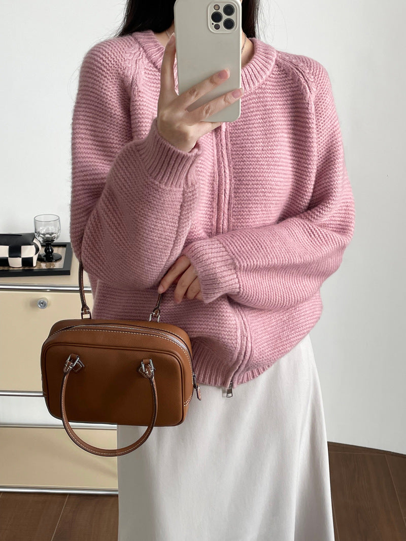 Sweater Double Zipper Sweater For Women Loose And Lazy Style Crew Neck Coat