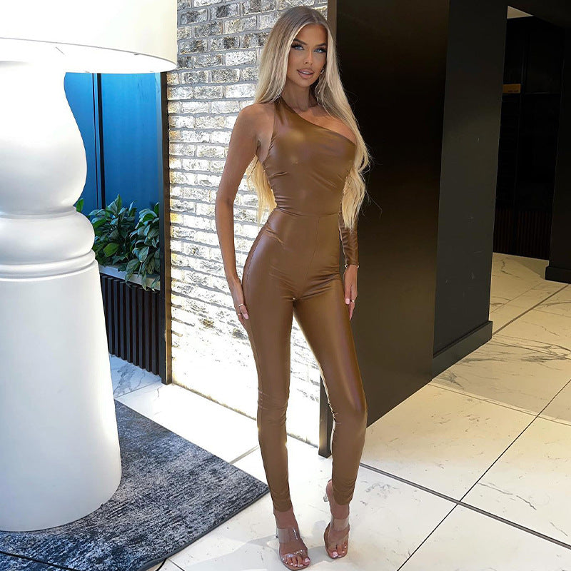 Women's Hollow PU Leather Fashion Trend Tight-fitting Jumpsuit
