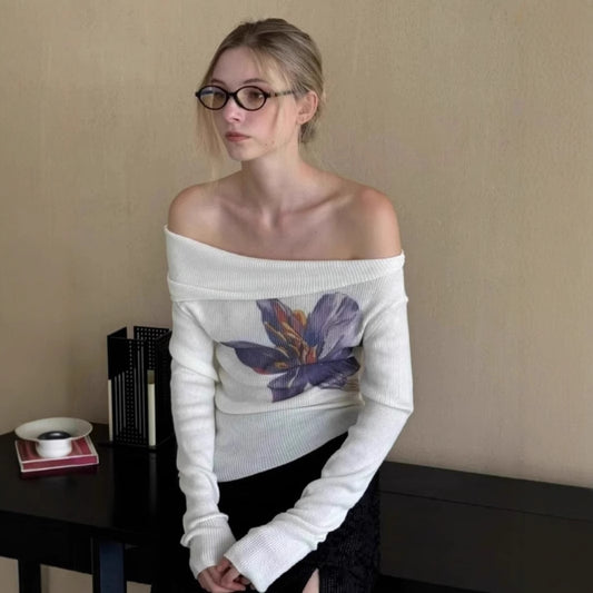 Off-shoulder Floral Print Sweater Women's Off-shoulder Knitted Top