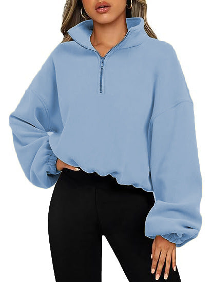 Women's Half Zipped Stand Collar Drawstring At Hem Polar Fleece Autumn Winter Sweater