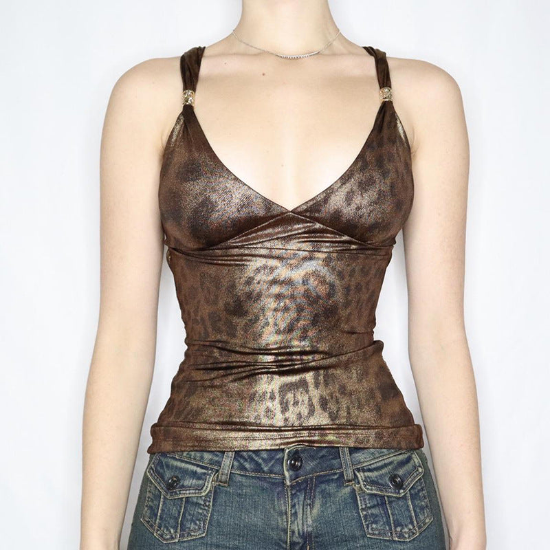Glossy Leopard Print Contrast Color Slim V-neck Backless Spaghetti-strap Camisole Top