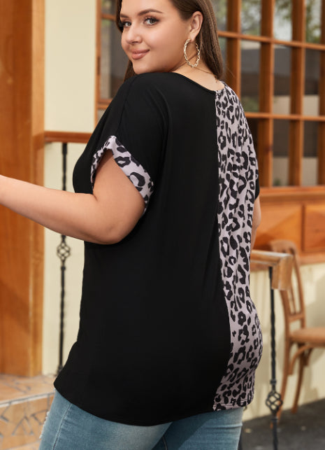 Black Half Leopard Patchwork Plus Size T-shirt