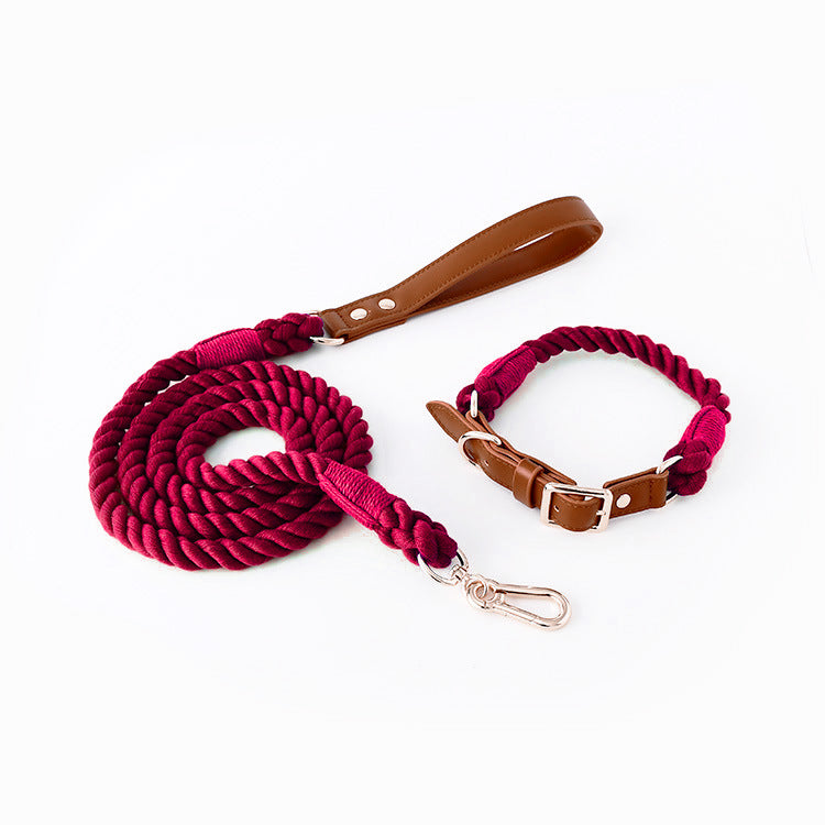 Woven Cotton Rope Leather Pet Dog Collar Suit