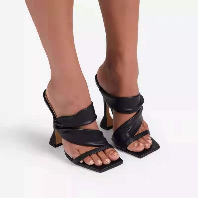 Dame-højhælede stilet-sandaler med firkantet tå, store størrelser, gyldne