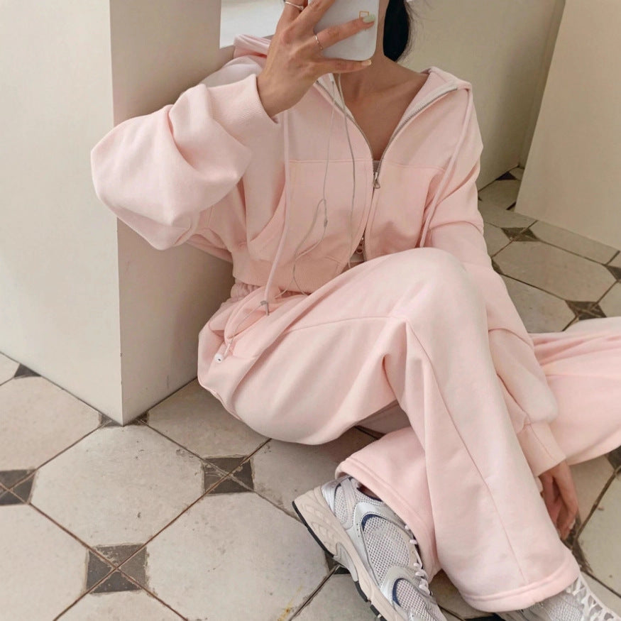 Hooded Solid Color Sweatsuit With Drawstring