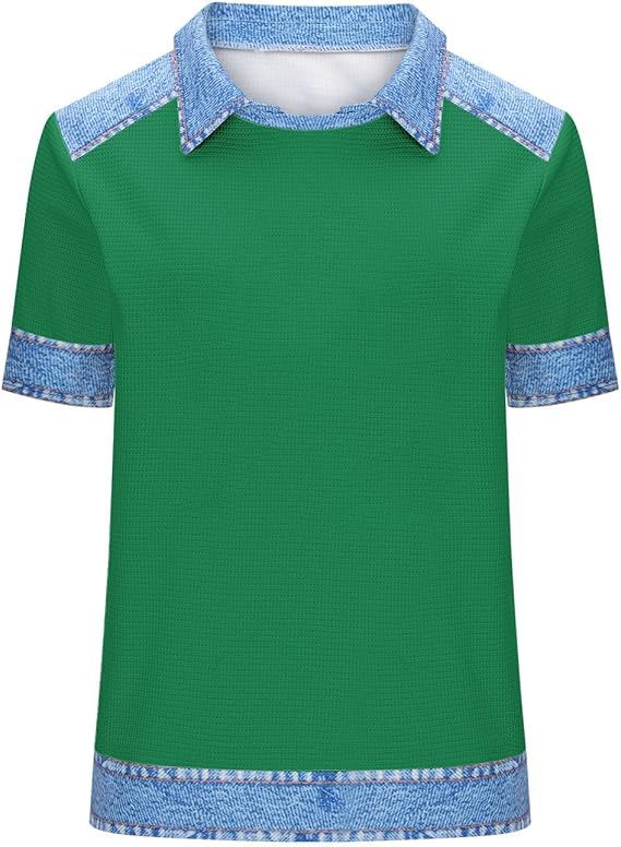 Denim Patchwork Crew Neck Short-sleeve Loose Casual Everyday Versatile