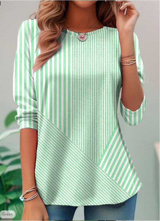 Cardigan V-neck Shirt Asymmetric Striped Stitching Cotton And Linen Top