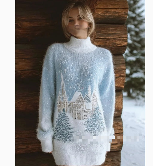 Printed Women's Slim-fit High-neck Bodycon Dress Sweater