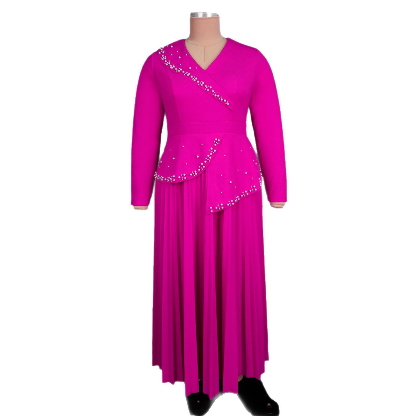 Womens Mandarin-collar Rose-red Beaded Dress