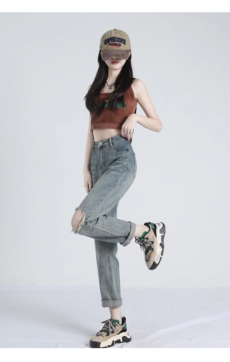 Ripped Daddy Jeans For Women Spring And Autumn New High Waist Loose Small