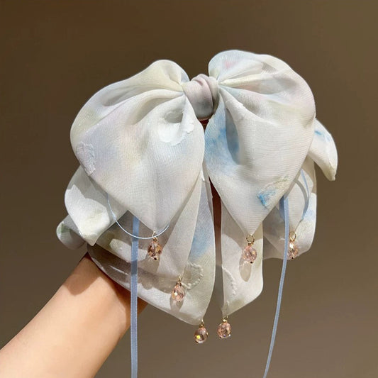 High-grade Blue Tie-dyed Printed Bow Ribbon Hairpin
