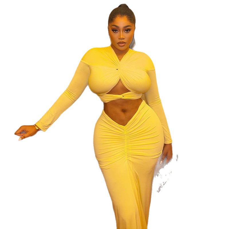 Solid-color V-neck Pleated Skirt Two-piece Set For Women